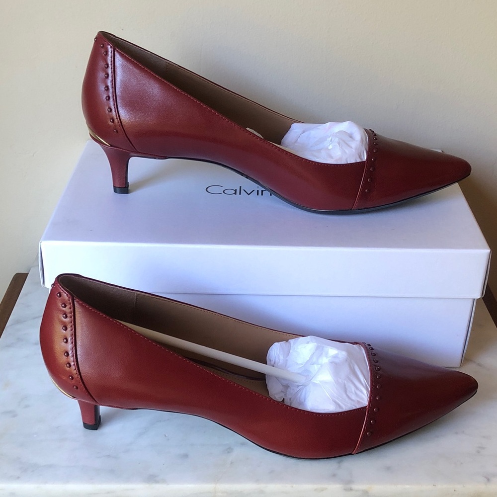 Calvin Klein Red Leather Pointed-Toe Low Heel Pumps